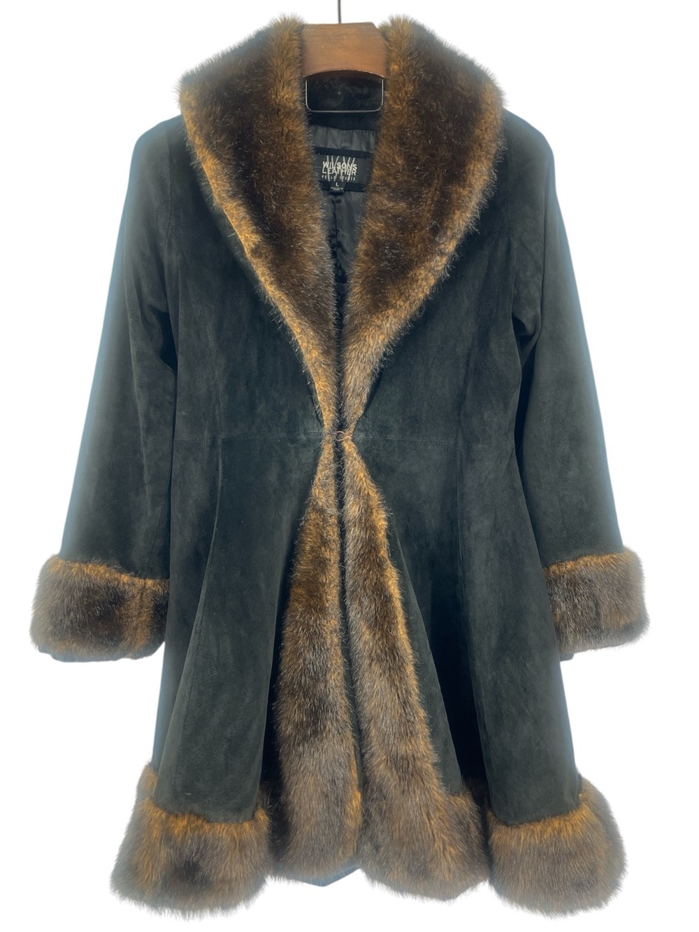 Wilson Leather Y2K Vintage 80/90 Black suede Faux Fur trim Penny Lane Midi coat